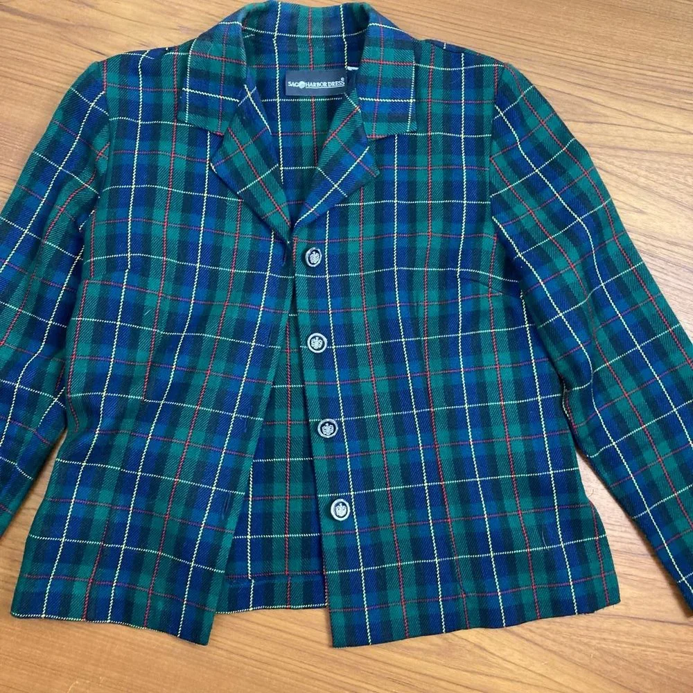 y2k Sag Harbor Green & Blue Tartan Blazer - M - Picture 5 of 5